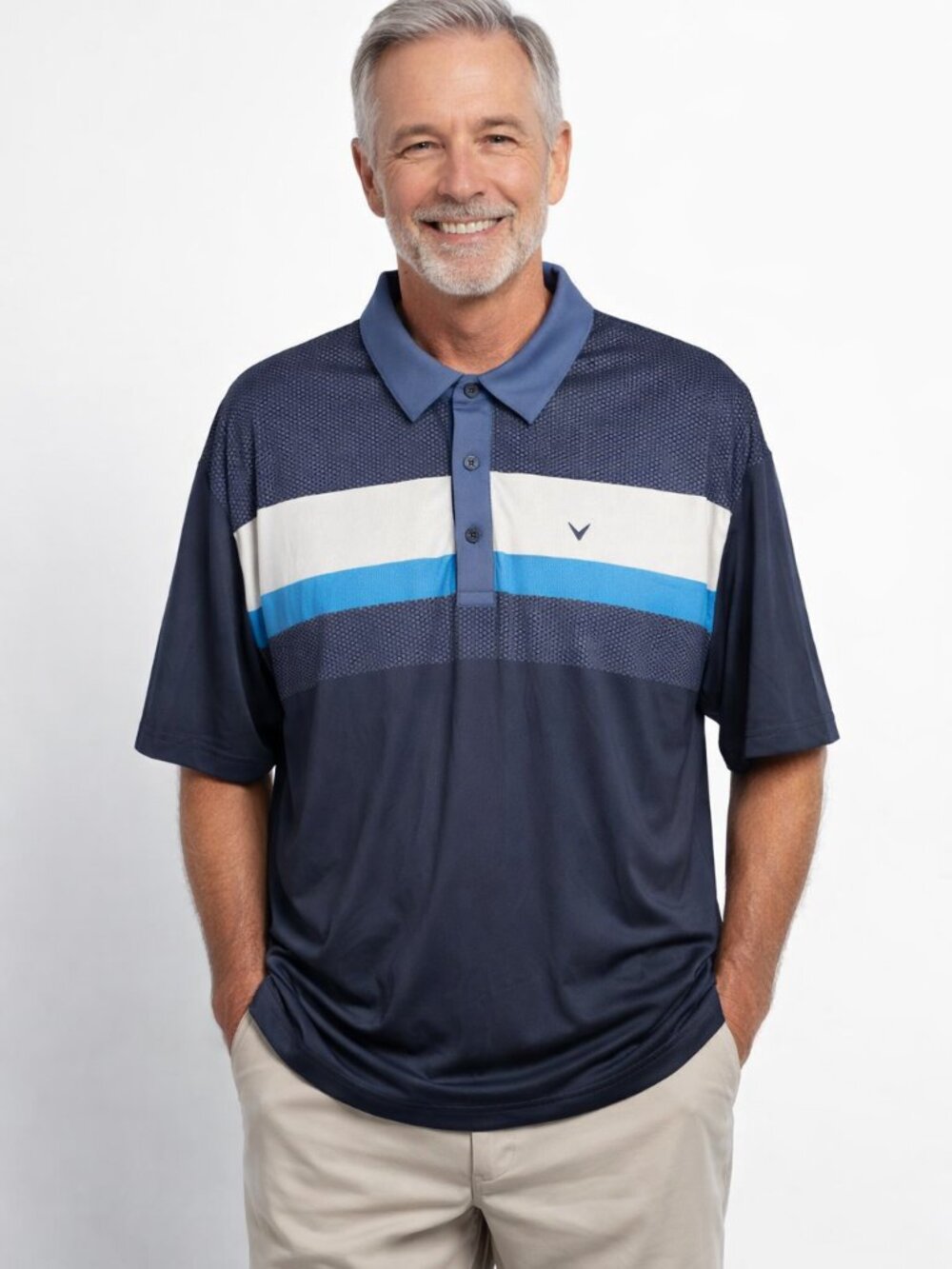 Callaway Navy White Aqua Stripe Polo Shirt Golf Performance Men Large